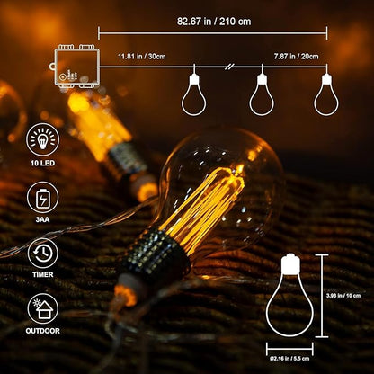 Battery Operated Edison Lights Outdoor String with Timer, 6.56 Ft String of 10 A19 Edison Bulbs, Short Battery Powered Waterproof Plastic String Lights for Hanging Patio Garden (White Cord)