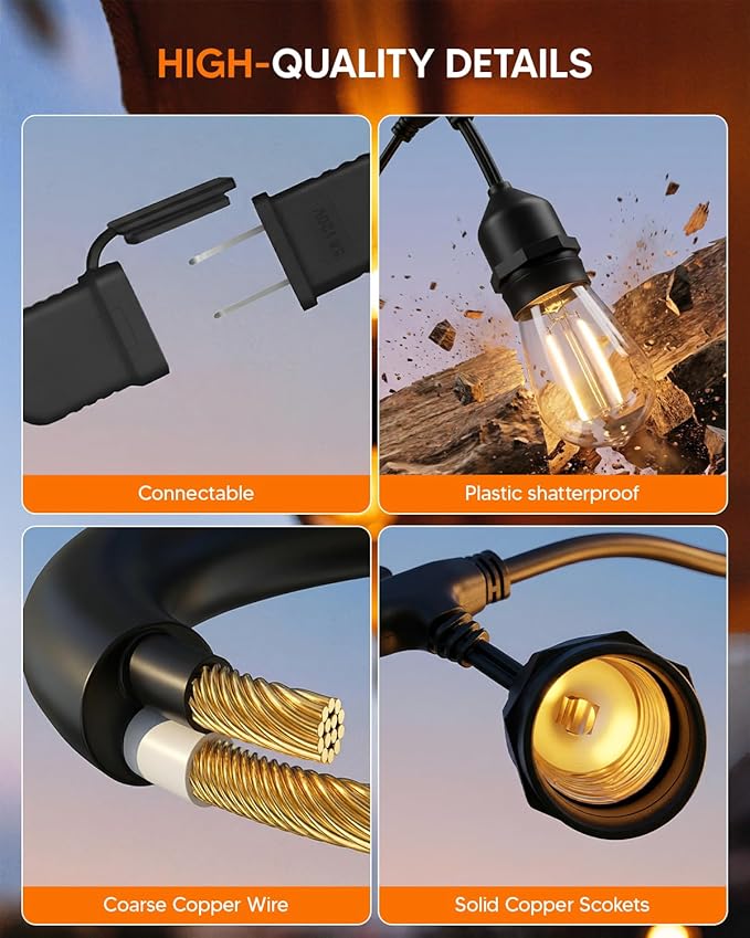 25FT S14 Outdoor String Lights, 15+2 Shatterproof Bulbs 2W, 1.5FT Spacing IP65 Waterproof| Dimmable with Remote, Heavy-Duty, Include Screw & Zip Ties for Patio Backyard Holiday Outside