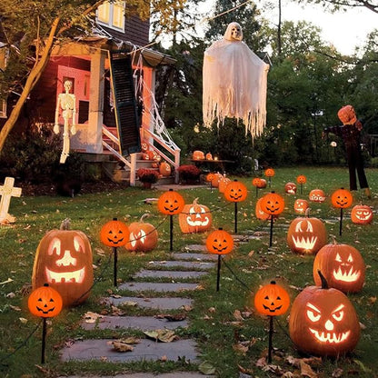 SUNSGNE Halloween Pathway Lights Outdoor, Set of 4 Halloween Pumpkin Stake Lights, Connectable Jack-O-Lantern Walkway Light for Holiday Garden Party Driveway Lawn Lighting Decor