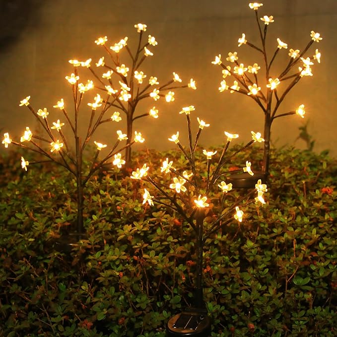 Solar Garden Lights Outdoor Garden Decor, 4 Pack Cherry Blossom Solar Flowers Outdoor Waterproof Fairy Solar Lights, Outside Yard Decorations for Patio Pathway Decor, Gardening Gifts for Women Mom