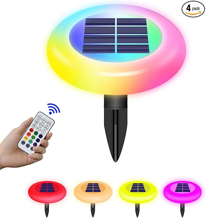 Colorful Pathway Solar Light Set of 4, Decorative Weatherproof Auto On/Off Outdoor Lights - Decorate Your Garden, Landscape, Patio, Pool, Yard with Ultra-Bright LED Light (Rainbow & Remote Control, 4)