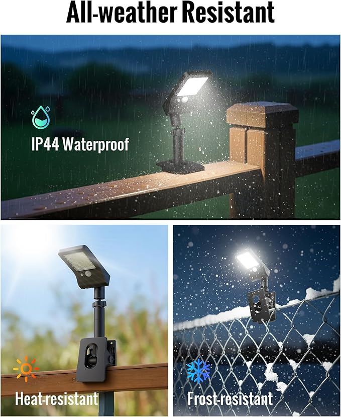 Clip On Solar Lights Outdoor, 350LM Solar Motion Sensor Clamp Light with 1200mAh Battery, 3 Modes 360° Adjustable Waterproof Fence Lights for Porch, Mailbox, Camping, Emergency, Security