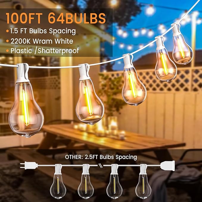 String Lights, 100FT Patio Lights with 64+5 Bulbs(1.5FT Bulbs Spacing), Outdoor String Lights, Remote & Dimmer, 3 | Lumora