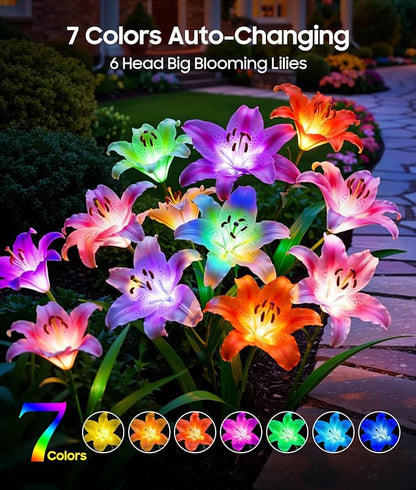 LETMY Solar Garden Lights, 2 Pack Solar Flower Lights with 6 Head Bigger Lily Lights, IP65 Waterproof Solar Lights Outdoor, Decorative Lights for Garden, Patio, Yard