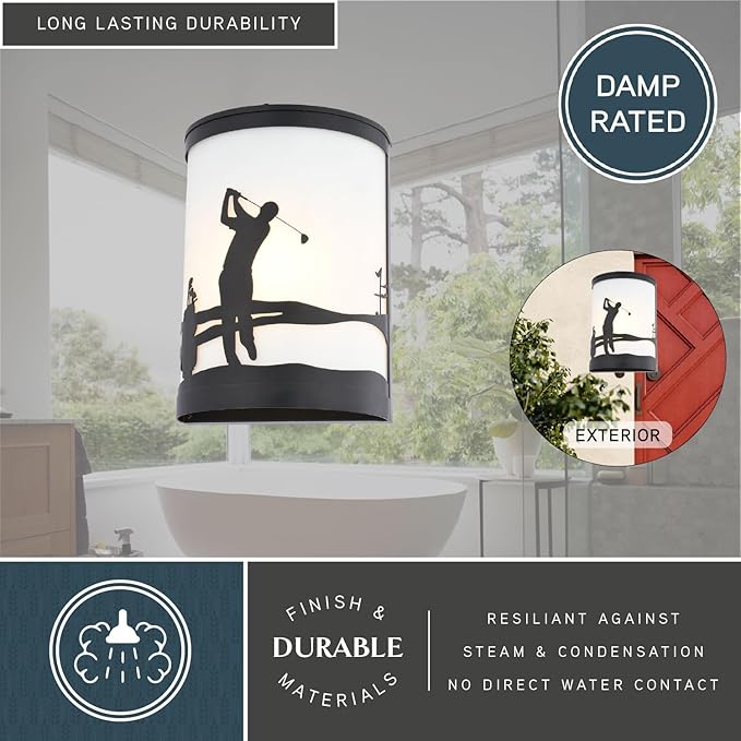 VAXCEL Links 1-Light 8 in. Wide Black Indoor-Outdoor Flush Mount Wall Sconce with Metal Golfer Cutout and Frosted | Lumora