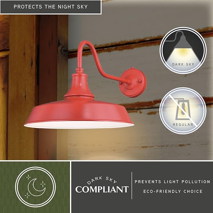 VAXCEL Dorado 12.25 in. H 1-Light Red and White Dusk to Dawn Sensor Farmhouse Outdoor Wall Sconce, Gooseneck Steel Shade, LED Compatible, Dark Sky Compliant for Porch Patio Front Door or Garage