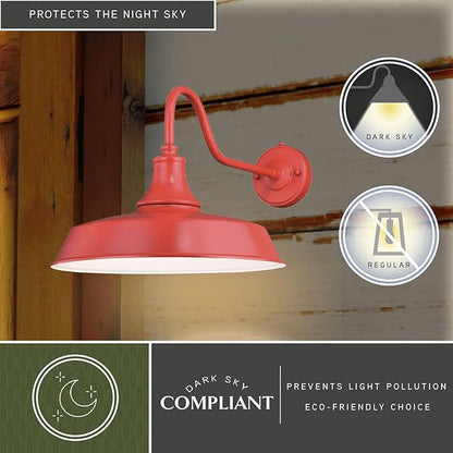VAXCEL Dorado 12.25 in. H 1-Light Red and White Dusk to Dawn Sensor Farmhouse Outdoor Wall Sconce, Gooseneck Steel Shade, LED Compatible, Dark Sky Compliant for Porch Patio Front Door or Garage