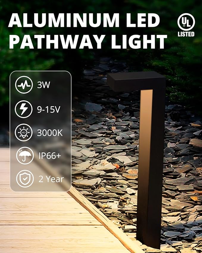GKOLED 8-Pack Low Voltage Landscape Pathway Light Fixture, 9-15V AC/DC Outdoor Walkway Lighting with 3W LED Chips for Yard Lawn, Black Die-cast Aluminum Housing, UL-Listed IP66+