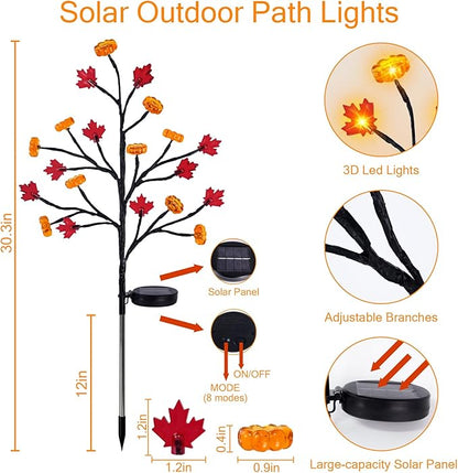 4 Pack Fall Solar Lights Outdoor, 80 LED Maple Pumpkin Stake Lights with 8 Mode, Waterproof Solar Pathway Lights for Garden Patio Yard Fall Outdoor Decor
