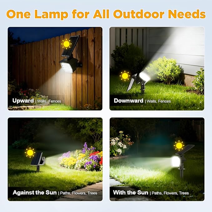 23 LED Solar Spot Lights Outdoor Waterproof, 2 Pack Solar Lights UP to 20Hrs, 3 Brightness Levels Spotlight | Lumora
