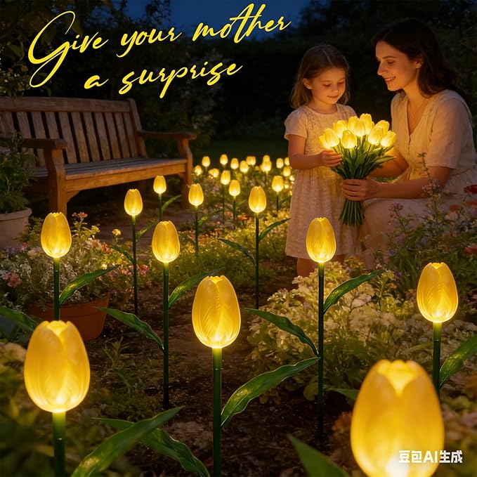 Outdoor Solar Lights Waterproof - 6PACKS Brighter Tulip Flowers with Garden Gifts Stake Lights Decor,Yard Decorations,Artificial Flower Gifts for Mom,Party,Home,Cemetery Grave Decor Yellow