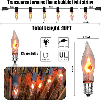 10 FT Flickering Flame Light String, C18 Halloween Decoration Light String, with 10 Clear Flame Bulbs, for Outdoor Indoor Home Halloween Christmas Decorations, E12 Base - Black Wire