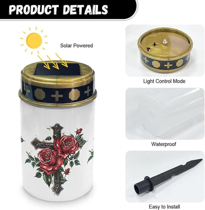 Outdoor Garden Solar Lights Waterproof Solar Powered Lights Multipurpose Memorial Cemetery Decorations Auto On/Off Landscape Lights Outside Gift for Loss of Loved One - Roses Cross
