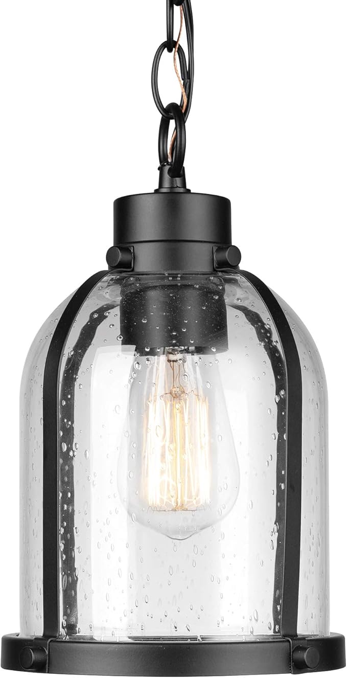 Globe Electric 44627 1-Light Outdoor Pendant, Matte Black, Clear Seeded Glass Shade, Bulb Included | Lumora