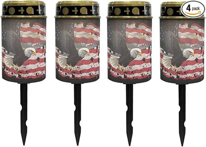 Poceacles Solar Lights Pack of 4 Outdoor Grave Solar Lights for Cemetery Decoration Solar Outdoor Lights Cemetery Solar Lamp for Garden Lawn Backyard Pathway Decor, Eagle American Flag Splash