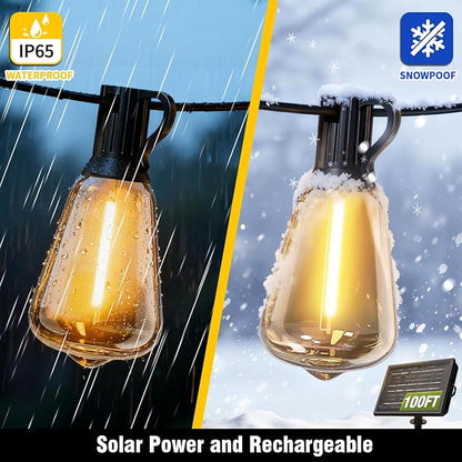 Solar String Lights Outdoor Waterproof with Remote & Timer, LED Shatterproof ST38 Bulbs, USB & Solar Powered Patio Lights for Backyard, Porch, Garden, Wedding, Christmas Decor (100FT)