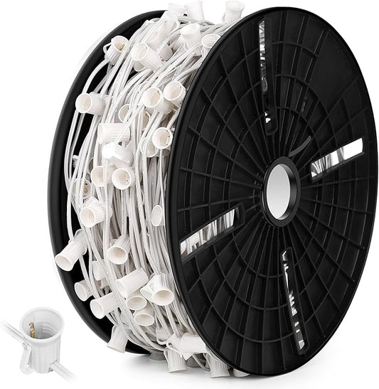 Brightever Commercial 500 FT LED Lights Sockets Outdoor, C9 E17 Light Sockets Set Spool, C9 Sockets Patio String Lights, C9 Light Strands - 12 Spacing Intermediate Base White Wire String Lights