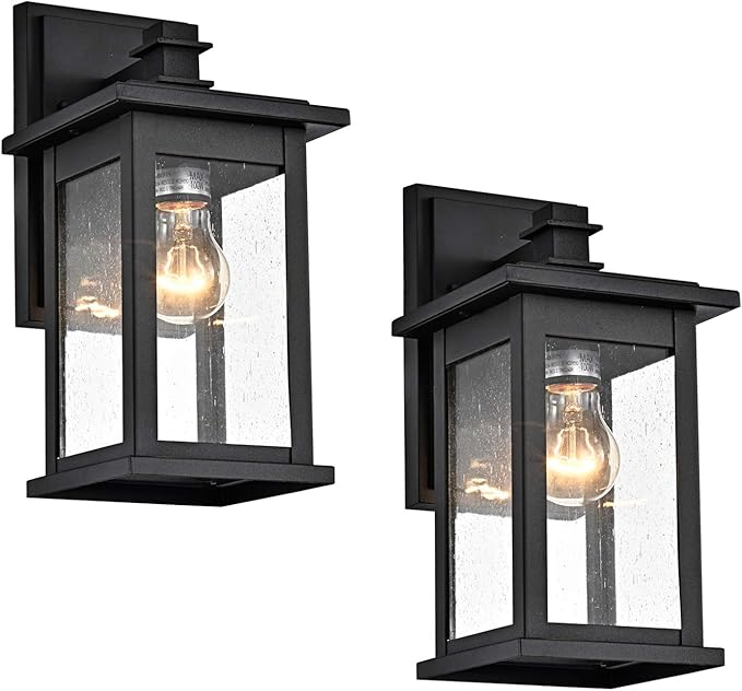 MICSIU 2-Pack Black Outdoor Wall Sconce, 12-Inch Modern Square Exterior Light Fixtures with Clear Seedy Glass, Anti-Rust Waterproof Outside Wall Mount Lantern for House, Porch, Garage, E26 Base