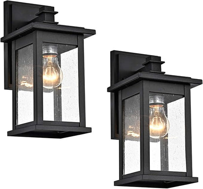 MICSIU 2-Pack Black Outdoor Wall Sconce, 12-Inch Modern Square Exterior Light Fixtures with Clear Seedy Glass, Anti-Rust Waterproof Outside Wall Mount Lantern for House, Porch, Garage, E26 Base