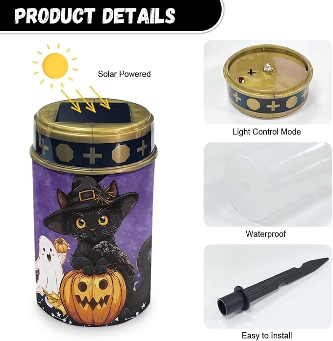 Black Cat Ghost Pumpkin Cemetery Solar Lights, Solar Powered Garden Stake Lights, Halloween Decorative Lights for Cemetery Grave Yard Patio Outdoor Decoration Memorial