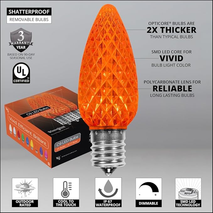 Wintergreen Lighting C9 OptiCore LED Outdoor Orange Christmas Lights – Heavy Duty Bulbs for Halloween Decorations; 18 Gauge Green Wire (100 Lights, 100 ft, Amber/Orange)
