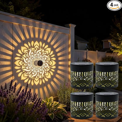 Decorative Solar Mandala Lights, Solar Mandala Lights Outdoor, Metal Waterproof LED Lamp for Garden Fence, Deck Steps, Patio Walls, Outdoor Landscape (4, Mandala Warm Light)