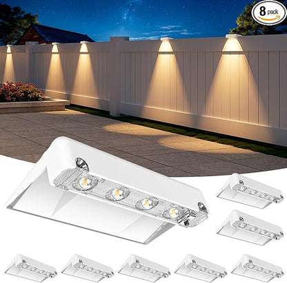 NIORSUN Solar Fence Lights Outdoor 8 Pack, IP65 Waterproof Large Size LED Solar Deck Lights with Lenses, Auto ON Off Warm White Step Lights for Outside, Patio, Fence, Yard and Railing Decor (White)