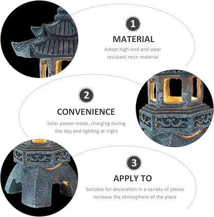 GANAZONO Statue Garden Solar Lights Resin Rock Lantern Pagoda Garden Statue for Patio Lawn Pathway Moon Decoration Grey