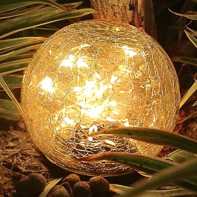 TOMEX 4 Pack Solar Garden Lights, Cracked Glass Ball Waterproof Warm White LED for Outdoor Decor Decorations Pathway Patio Yard Lawn, 4 Pack (4.7")