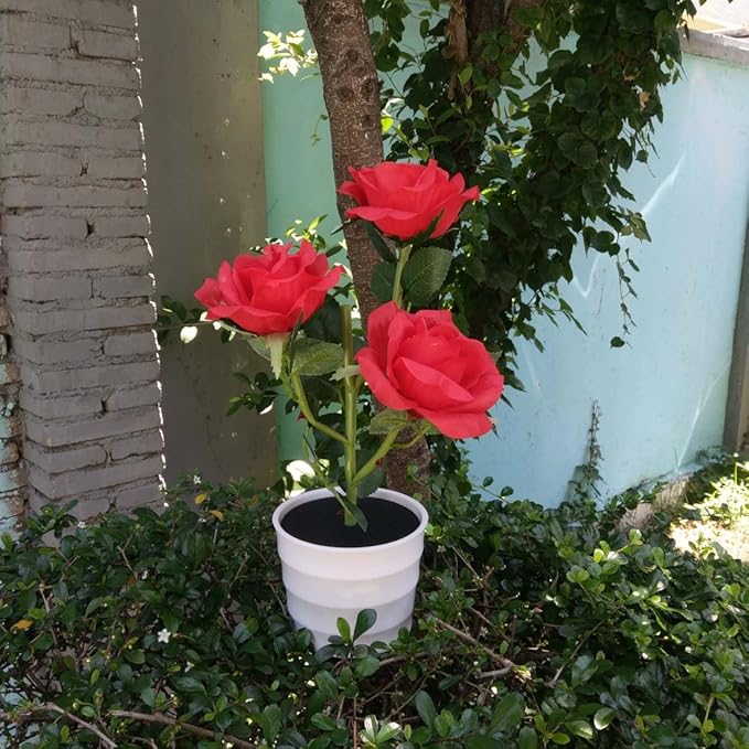 LED Solar Power Decorative Artificial Rose Flower Pot Plant Landscape Light Night Lamp Outdoor Garden Yard Pathway Lawn Grassland Red