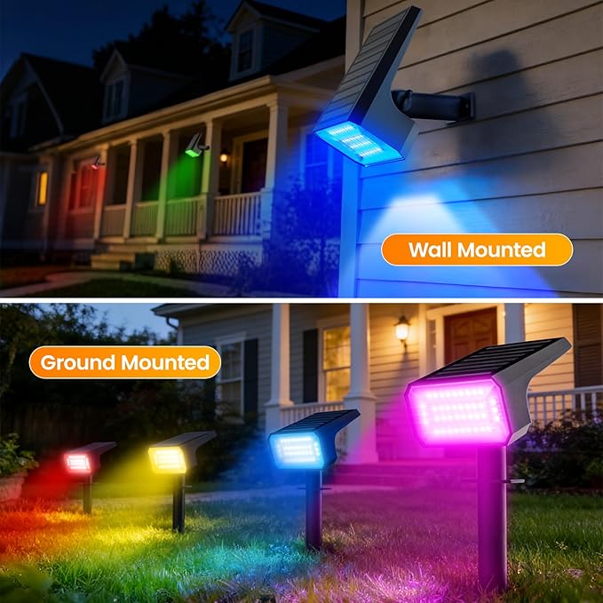Fabrito Color Changing Solar Spot Lights Outdoor 8 Pack, [6+1 Lighting Modes] Auto On/Off RGB Spotlights | Lumora