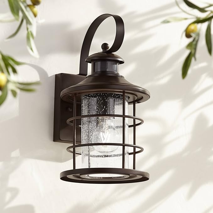 John Timberland Hogan Vintage Outdoor Wall Light Fixture Oil Rubbed Bronze 14" Seedy Glass Dusk to Dawn Motion | Lumora