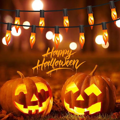 Halloween Flicker Flame Lights Orange String Lights, 10Ft C7 Vintage Flickering Flame Lights 10 Orange Flame Light Bulbs, Halloween String Light for Indoor Outdoor Halloween Christmas Decorations
