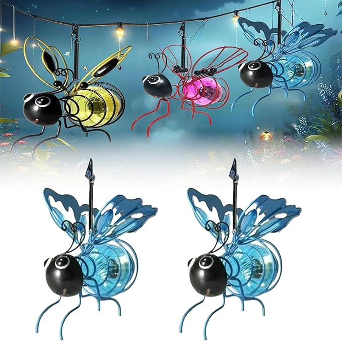 2025 New Solar Bees Lights Outdoor, Solars Bee Simulation Lights, Hanging Bee Solar Garden Light, Waterproof Bumble Bees Solar Light for Party Festivals Garden Decor Birthday Gifts (2PC-Blue)