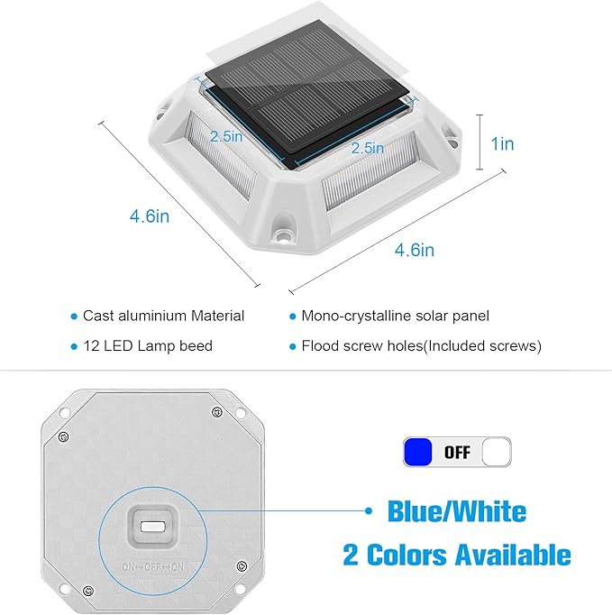 VOLISUN Solar Driveway Lights Dock Deck Lights 8-Pack,2 Colors in 1,Solar Powered 1200mAh Battery,Waterproof Outdoor Warning Step Light for Driveway Sidewalk(2 Colors Lighting,White/Blue)