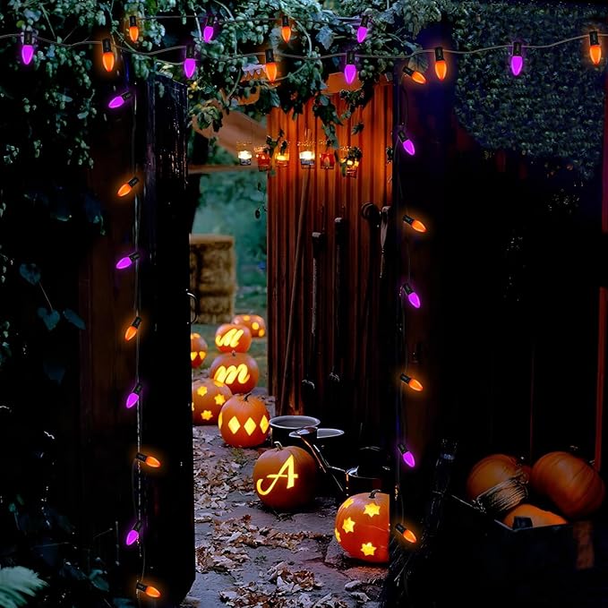 SUNSGNE C7 LED Halloween String Lights Outdoor, 25FT Orange Purple String Lights with 27 Shatterproof Plastic LED Bulbs(2 Spare) for Patio Balcony Backyard Decor, Black Wire