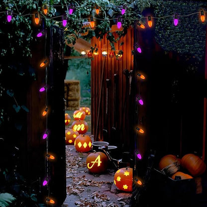 SUNSGNE C7 LED Halloween String Lights Outdoor, 25FT Orange Purple String Lights with 27 Shatterproof Plastic LED Bulbs(2 Spare) for Patio Balcony Backyard Decor, Black Wire