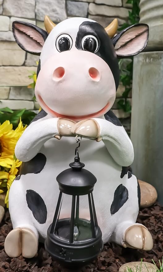 Ebros Gift Country Animal Farm Whimsical Bovine Holstein Mama Cow Statue with Solar LED Lantern Light Betty Sue Garden Decor Path Lighter Night Light Sculpture
