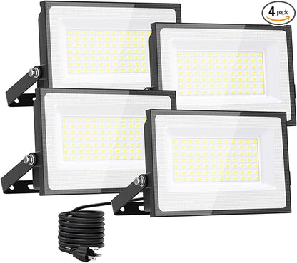 Onforu 80W Flood Lights Outdoor, 8000lm Bright LED Work Light with Plug, 6500K Daylight White LED Flood Lighting, IP66 Waterproof Security Yard Lights for Garage Stadium 4 Pack