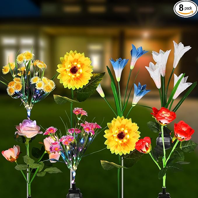 Crowye 8 Pcs Solar Flower Lights 4 Styles Led Solar Rose Lily Sunflower Daisy Garden Flowers Lights Waterproof Solar Outdoor Lights for Yard Patio Lawn Pathway Walkway Garden Halloween Decoration