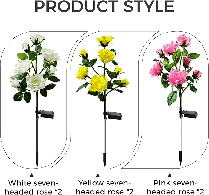 2 Pack Solar Garden Lights Outdoor, Waterproof 7-Rose Flower Lights for Yard, Solar Powered Outdoor Lights, Stake Lights for Patio Pathway Lawn Fence (White, 27")