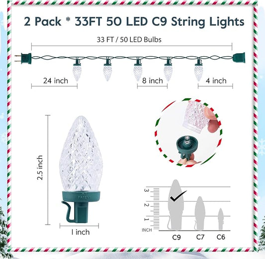 Brightown 2 Pack Blue and White C9 LED Christmas String Lights - 33ft 50 LED Waterproof Strawberry String Lights, Plug-in Extendable Green Wire Lights String for Outdoor Indoor Patio Party Decoration