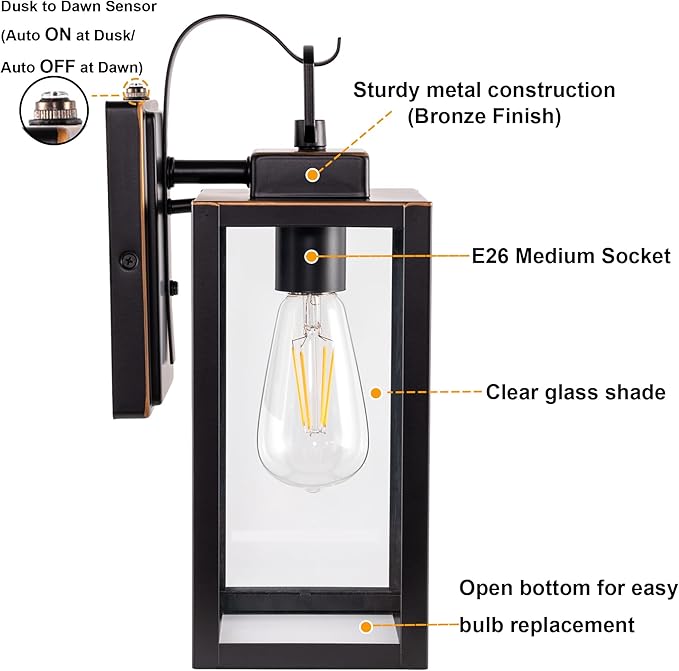 GRUENLICH Dusk to Dawn Outdoor Wall Lantern, Wall Sconce for Porch Lighting Fixture, E26 Base Max 60W, Metal Housing Plus Glass, Oil Rubbed Bronze Finish, Bulb Not Included, 1-Pack