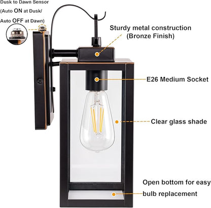 GRUENLICH Dusk to Dawn Outdoor Wall Lantern, Wall Sconce for Porch Lighting Fixture, E26 Base Max 60W, Metal Housing Plus Glass, Oil Rubbed Bronze Finish, Bulb Not Included, 1-Pack