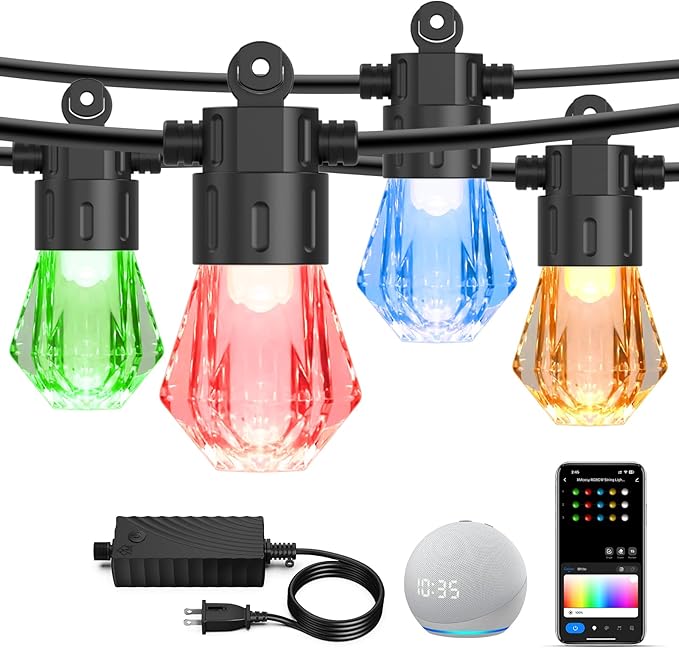 XMCOSY+ 48FT Smart Outdoor String Lights - RGBCWIC Dimmable Acrylic Bulbs, Color Changing LED Patio Lights APP WiFi | Lumora