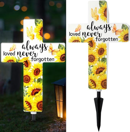 VIHOSE Sunflower Solar Lighted Cross Always Loved Never Forgotten Outdoor Sunflower Solar Decoration Memorial Light up Cross Stake for Home Outside Church Cemetery Garden Yard Porch Lawn Decor