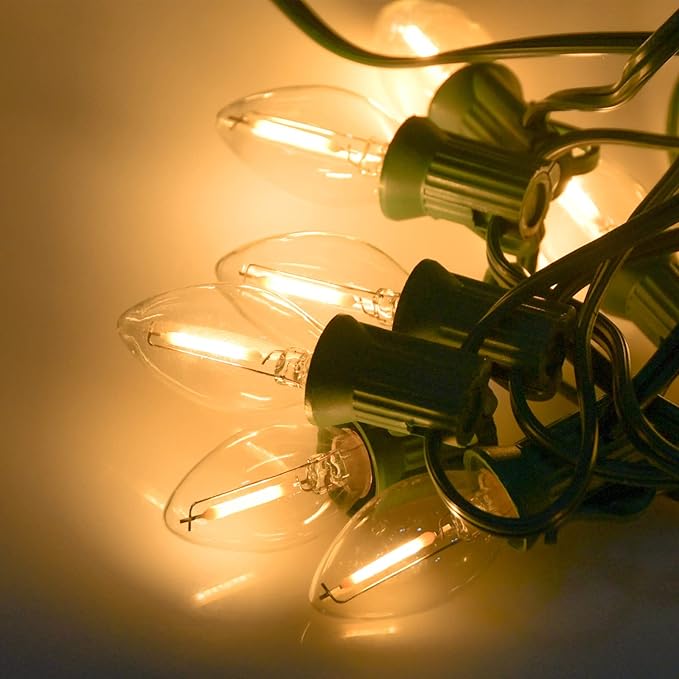 25Ft C7 LED String Lights Outdoor with 27 Clear LED Bulbs(2 Spare), Vintage Christmas String Lights for Christmas, Cafe, Patio, Party Decor, Green Wire