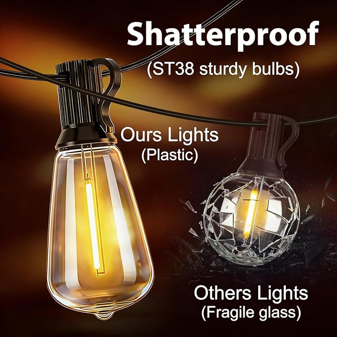 Smart Outdoor String Lights, 100FT ST38 LED Patio Lights with Timer Remote APP Control, 42 Shatterproof LED Bulbs (2 Spare), Dimmable Waterproof Hanging Light for Backyard Porch Party Decor