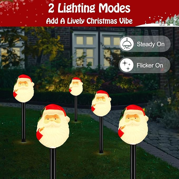 Lewondr Solar Christmas Pathway Lights, 5 PCS Solar Christmas Decorations Outdoor with 2 Lighting Modes, Santa Claus Lights with Garden Stake, Waterproof Garden Yard Lawn Patio Walkway Holiday Decor