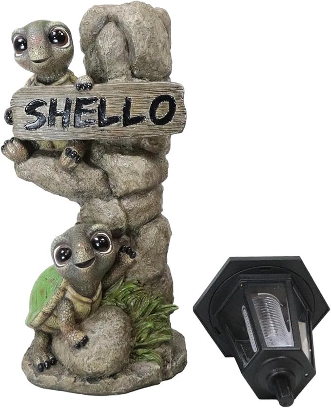 Ebros Gift Whimsical 2 Baby Tortoise Turtles Holding Shello Greeting Sign On Rock Outpost Solar LED Courtesy Path Light Garden Statue Home Decorative Patio Figurine